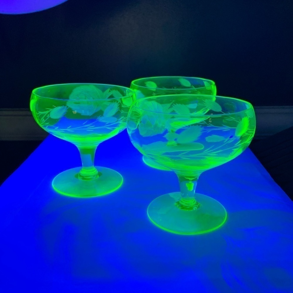 Set of 3 Uranium Glass 1920's Sherbet Cups